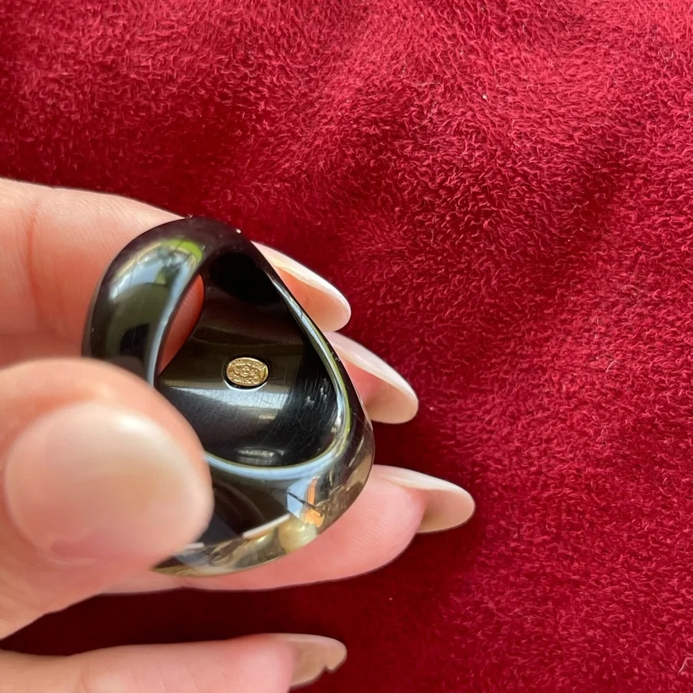 CHANEL Black Resin Ring with Cream Pearl Accents